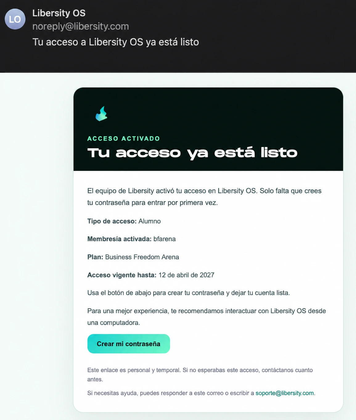 Ejemplo del correo de Libersity OS enviado desde noreply@libersity.com, con el botón Crear mi contraseña y los campos de destinatario y respuesta ocultos.